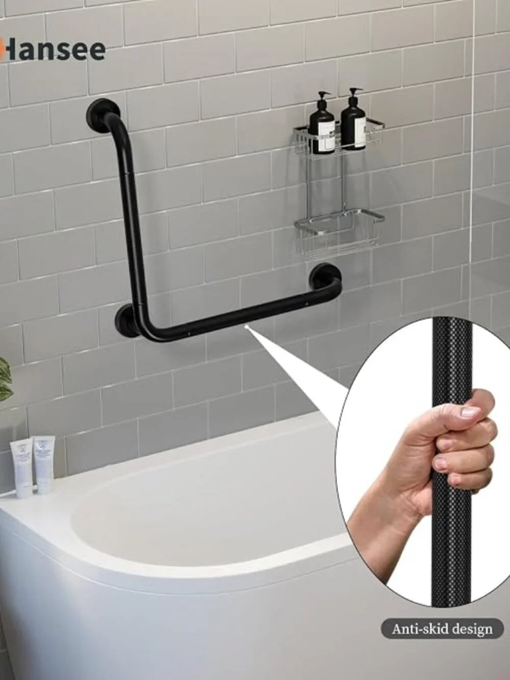 Black L-Shaped Shower Grab Bar – Stainless Steel Anti-Slip Safety Rail 16